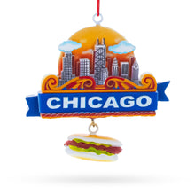 Load image into Gallery viewer, Chicago Skyline with Hot Dog Resin Christmas Ornament
