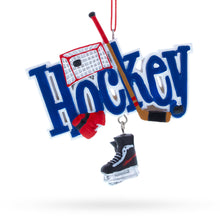 Load image into Gallery viewer, Hockey Word Art with Skates and Stick Resin Christmas Ornament
