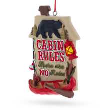 Load image into Gallery viewer, Rustic Cabin Rules Sign with Bear and Canoe Resin Christmas Ornament