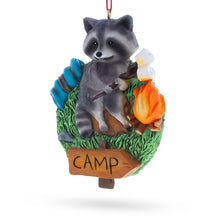 Load image into Gallery viewer, Camping Raccoon with Marshmallow Campfire Resin Christmas Ornament