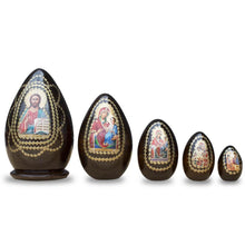 Load image into Gallery viewer, Set of 5 Orthodox Icons Egg Shape Wooden Nesting Dolls 6.5 Inches