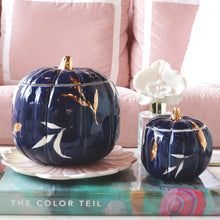 Load image into Gallery viewer, Layered Leaves Pumpkin Jars with 22K Gold Accents in Navy Blue