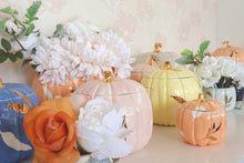 Load image into Gallery viewer, Layered Leaves Pumpkin Jars with 22K Gold Accents in Sheer Orange