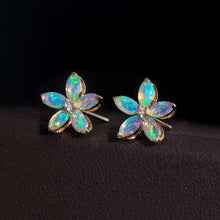 Load image into Gallery viewer, Opal Diamond Sakura Cherry Blossom Flower Stud Earrings 14K Yellow Gold