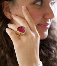 Load image into Gallery viewer, Filigreed Merlot Red Quarrtz Golden Statement Ring