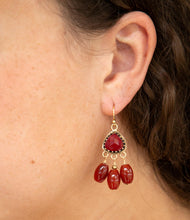 Load image into Gallery viewer, Filigreed Merlot Red Quartz Golden Drop Earrongs