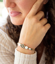 Load image into Gallery viewer, Floral White Mother of Pearl Golden Cuff Bracelet