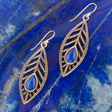 Load image into Gallery viewer, Flourished Blue Lapis Golden Feather Drop Earrings