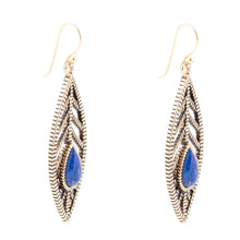 Load image into Gallery viewer, Flourished Blue Lapis Golden Feather Drop Earrings