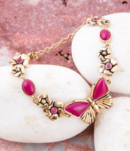 Load image into Gallery viewer, Pink Fuchsia Agate Golden Butterflies Adjustable Bracelet