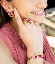 Load image into Gallery viewer, Pink Fuchsia Agate Golden Butterflies Triple Ring Set