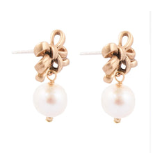 Load image into Gallery viewer, Gifted Freshwater Pearl Bow Golden Drop Earrings