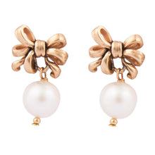 Load image into Gallery viewer, Gifted Freshwater Pearl Bow Golden Drop Earrings