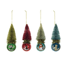 Load image into Gallery viewer, Glass Diorama Ornament w/ Bottle Brush Tree, Set of 4