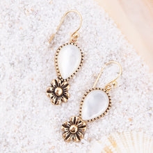 Load image into Gallery viewer, Golden Flower and White Mother of Pearl Drop Earrings
