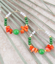 Load image into Gallery viewer, Green and Orange Coral Golden Hoop Earrings
