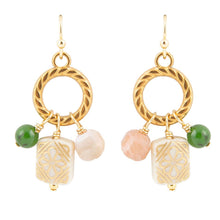 Load image into Gallery viewer, Green Jade and Pink Sunstone Golden Drop Earrings