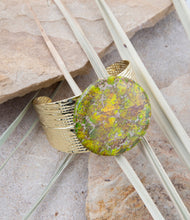 Load image into Gallery viewer, Lime Green Jasper Golden Statement Cuff Bracelet