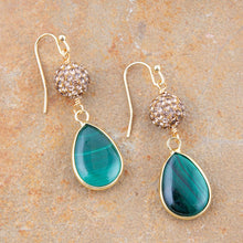 Load image into Gallery viewer, Jeweled Green Malachite Golden Drop Earrings