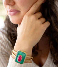 Load image into Gallery viewer, Green Onyx Stacked Red Quartz Golden Cuff Bracelet