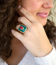 Load image into Gallery viewer, Green Onyx Stacked Red Stone Golden Statement Ring