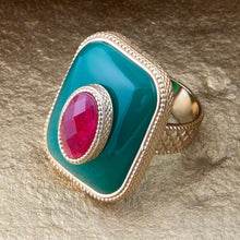 Load image into Gallery viewer, Green Onyx Stacked Red Stone Golden Statement Ring
