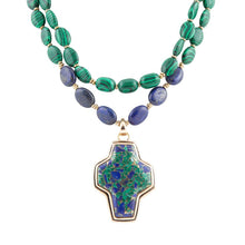 Load image into Gallery viewer, Green Malachite Azurite Cross Statement Golden Necklace