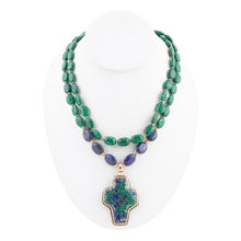 Load image into Gallery viewer, Green Malachite Azurite Cross Statement Golden Necklace