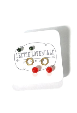 Tiny Forest Green Tomato Red & Frosted Gold Hexagon Geo Studs Earring Set
