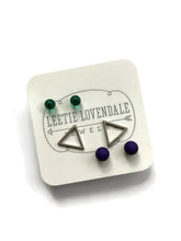 Load image into Gallery viewer, Tiny Emerald Blue &amp; Frosted Silver Triangle Geo Stud Earrings Set