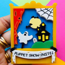 Load image into Gallery viewer, Creepy Funfair Collection - Scary Puppet Show Acrylic Brooch by Makokot Design