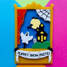 Load image into Gallery viewer, Creepy Funfair Collection - Scary Puppet Show Acrylic Brooch by Makokot Design