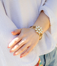 Load image into Gallery viewer, Hibiscus White Mother of Pearl and Golden Cuff Bracelet