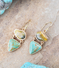 Load image into Gallery viewer, Hinged Yellow Bumblebee Jasper and Green Turquoise Golden Earrings