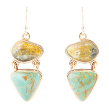 Load image into Gallery viewer, Hinged Yellow Bumblebee Jasper and Green Turquoise Golden Earrings