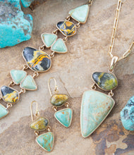 Load image into Gallery viewer, Hinged Yellow Bumblebee Jasper and Green Turquoise Golden Earrings