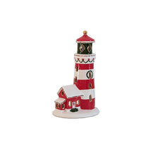 Load image into Gallery viewer, Ivory, Red and Green Lighthouse with 22K Gold Accents