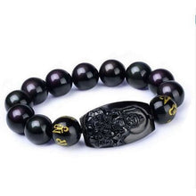 Load image into Gallery viewer, Natural Black Obsidian Carved Buddha Bracelet - Clarity and Protection