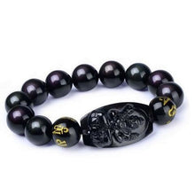 Load image into Gallery viewer, Natural Black Obsidian Carved Buddha Bracelet - Clarity and Protection