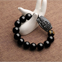 Load image into Gallery viewer, Natural Black Obsidian Carved Buddha Bracelet - Clarity and Protection