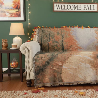 Autumn Authentic Tapestry Throw Blanket - Decorative Orange Fall Leaves Forest Woven Stitched Design - 50