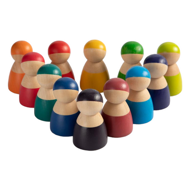 **Pre-order (Ships in 1-2 Weeks)**12-Piece Rainbow Wooden Peg Dolls – Primary Color