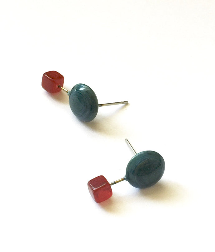 Teal Blue and Carnelian Red Geo Stud Earrings