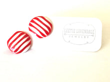 Load image into Gallery viewer, Cherry Red &amp; White Stripe Pin Stripe Disc Stud Earrings