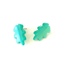 Load image into Gallery viewer, Teal Green Moonglow Jagged Leaf Stud Earrings