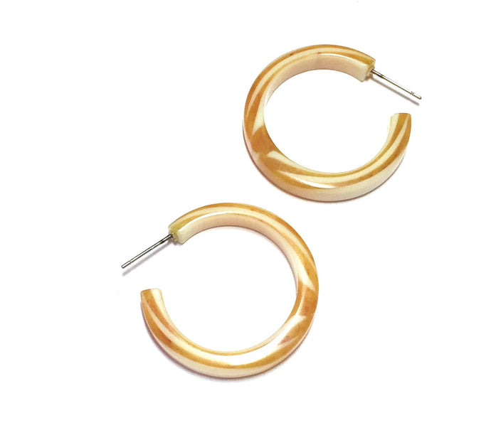 Yellow & Cream Striped Marbled Lucite Pin Up Hoop Earrings