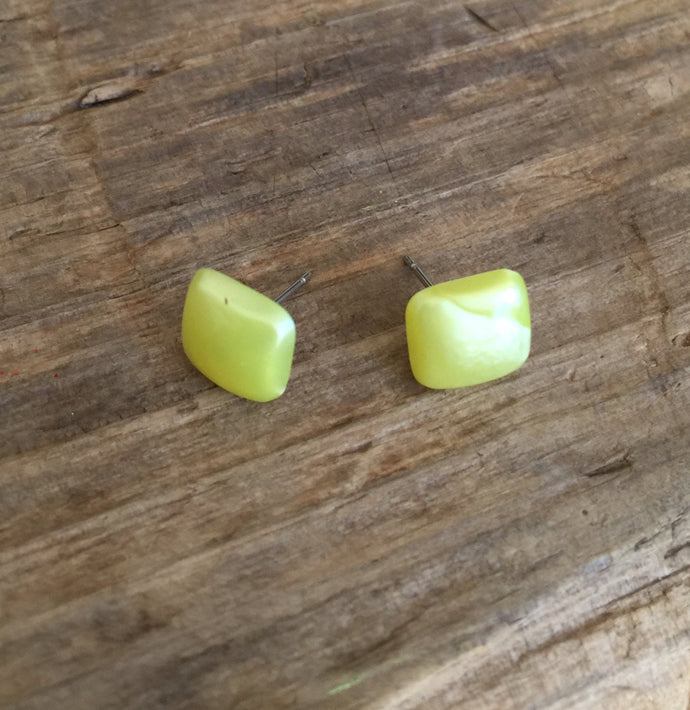 Yellow Enamel Flat Square Stud Earrings