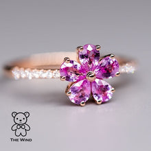 Load image into Gallery viewer, Pink Sapphire Diamond Sakura Cherry Blossom Flower Engagement Ring 18K Rose Gold Promise Ring for Couples