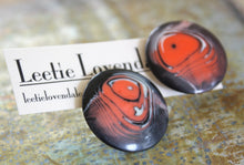 Load image into Gallery viewer, Coral Orange &amp; Black Marbled Lucite Disc Stud Earrings