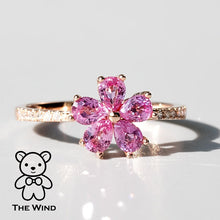 Load image into Gallery viewer, Pink Sapphire Diamond Sakura Cherry Blossom Flower Engagement Ring 18K Rose Gold Promise Ring for Couples